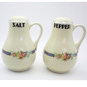 Vintage Hall China Floral Stripe Handled Salt & Pepper Shaker Set Silver Trim